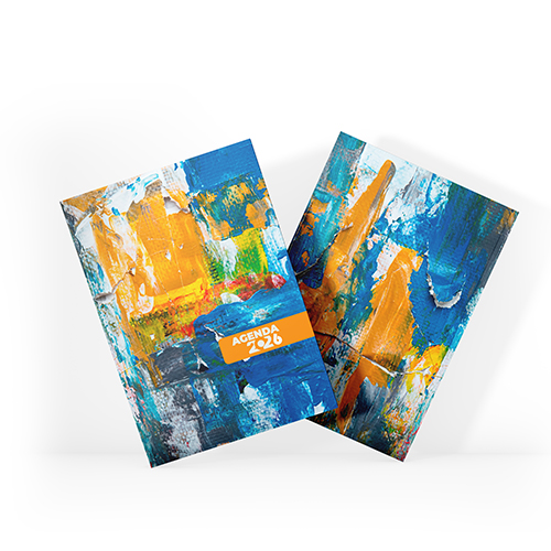 Agenda 2026 tamanho 15x21cm com capa dura em papel empastada com cartão e debrú laminação Prolan, lombada quadrada e miolo pronto